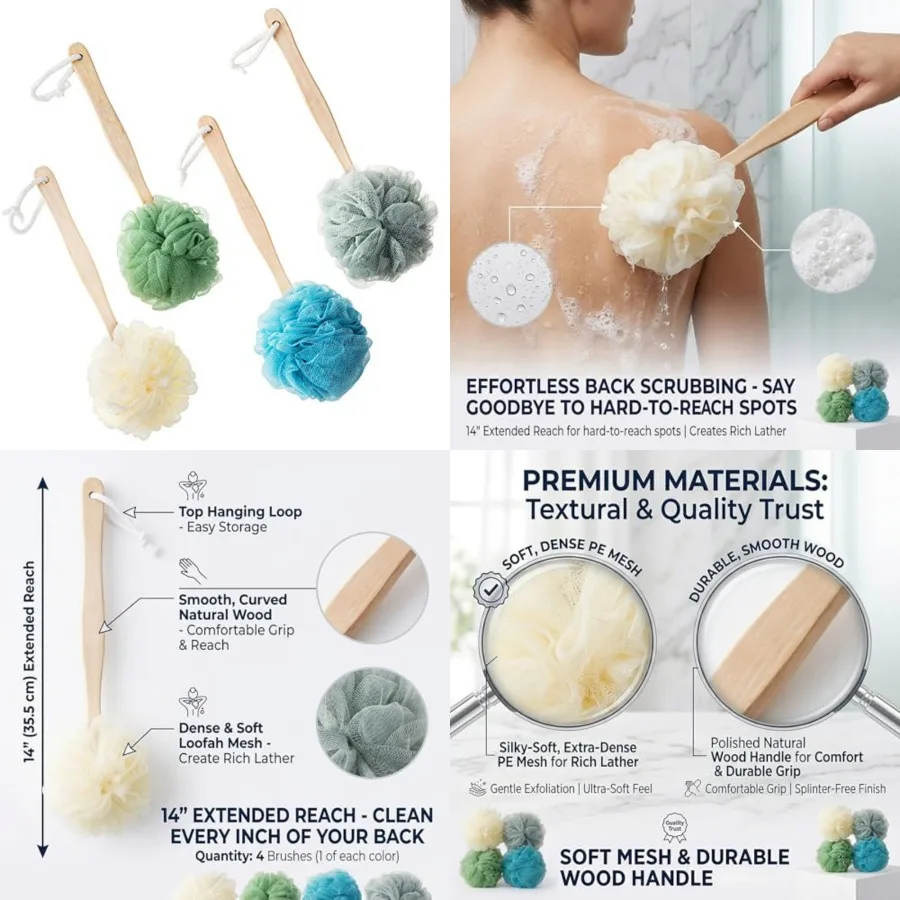 4 Pack Large Bath Puff Loofah Sponge with Long Handle Shower Loofah, Bath Body Back Brush, Spa Brush for Women and Men(4 Color)
4 Pack Large Bath Puff Loofah Sponge with Long Handle Shower Loofah, Bath Body Back Brush, Spa Brush for Women and Men(4 Color)