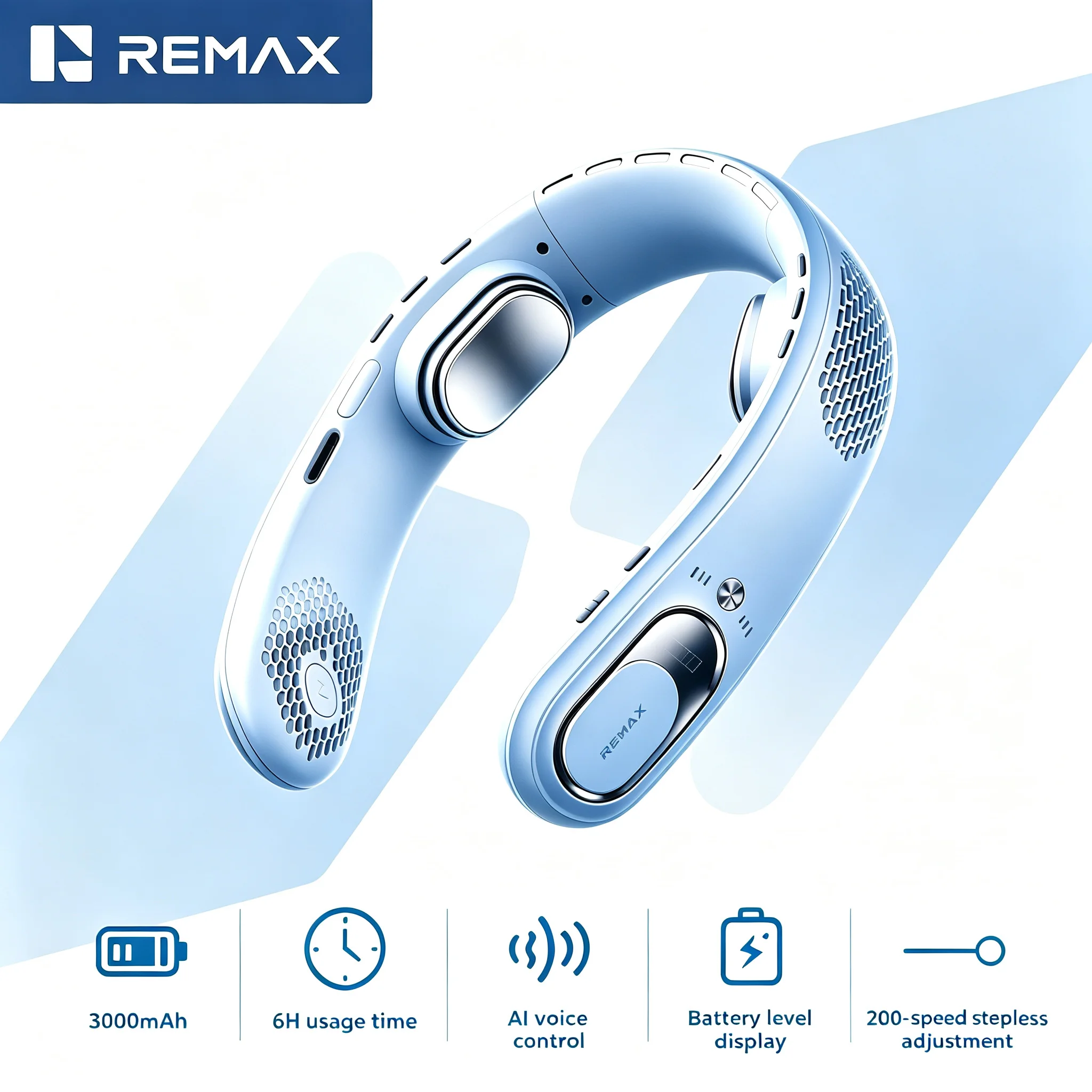 REMAX AI Voice 200 Speed Control Neck Fan 4 Core Motors SteplessDual Airflow Bladeless USB Rechargeable Portable Fan for Travel
REMAX AI Voice 200 Speed Control Neck Fan 4 Core Motors SteplessDual Airflow Bladeless USB Rechargeable Portable Fan for Travel
