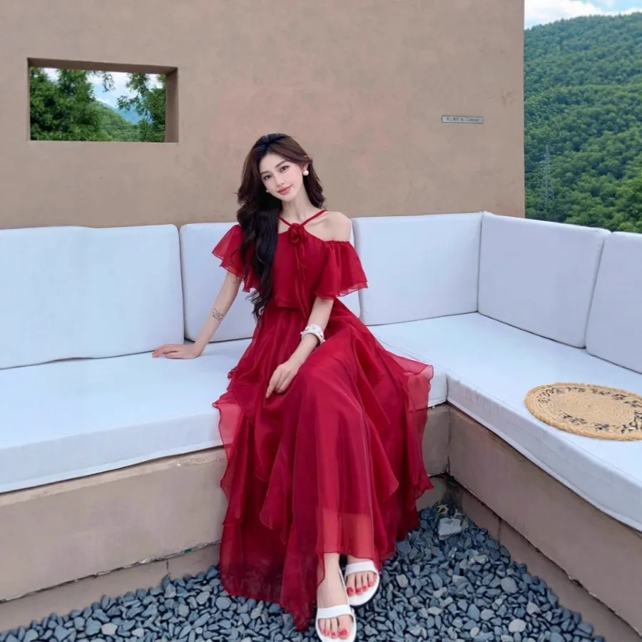 【New Arrival】Women Red Halter Off-Shoulder Chiffon Midi Dress, Ruffled Tiered Casual Summer Beach Outfit
【New Arrival】Women Red Halter Off-Shoulder Chiffon Midi Dress, Ruffled Tiered Casual Summer Beach Outfit