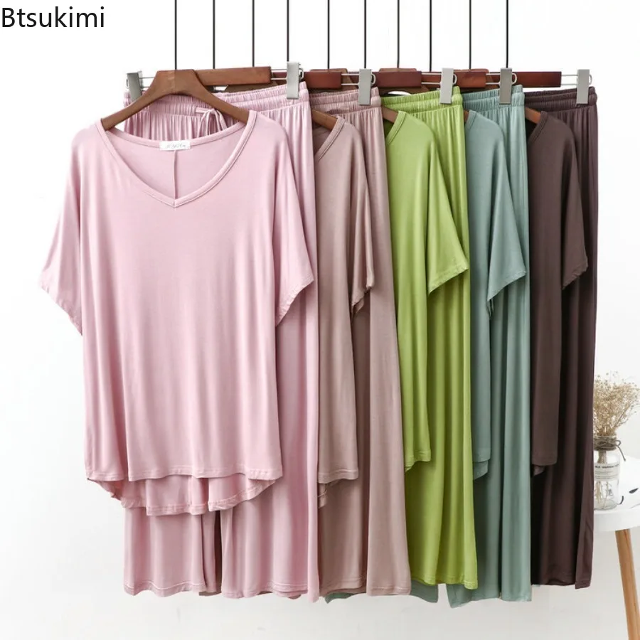New 2025 Summer Modal Two-piece Set Homewear Sets Solid Loose V Neck T-shirt Short Sleeves and Ankle-length Pants Thin Sleepwear
New 2025 Summer Modal Two-piece Set Homewear Sets Solid Loose V Neck T-shirt Short Sleeves and Ankle-length Pants Thin Sleepwear