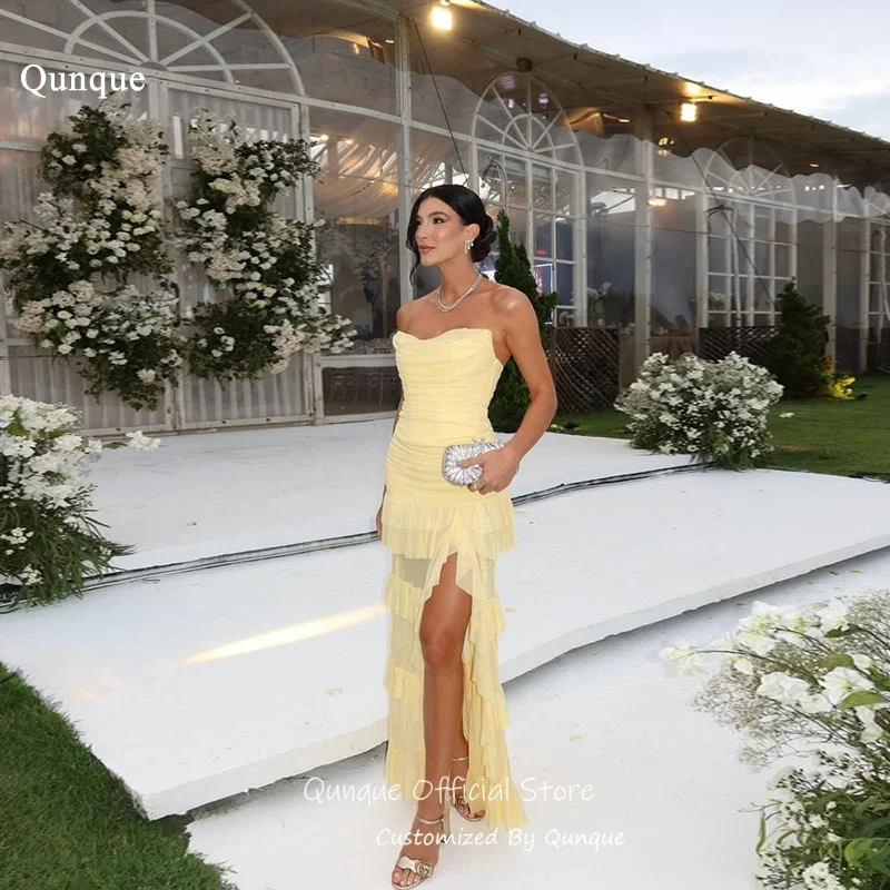 Qunque Yellow Side Slit Evening Dresses Chiffon Asymmetric Ruffle Prom Dress Yellow Handmade Maxi Robes De Soirée Customized
Qunque Yellow Side Slit Evening Dresses Chiffon Asymmetric Ruffle Prom Dress Yellow Handmade Maxi Robes De Soirée Customized