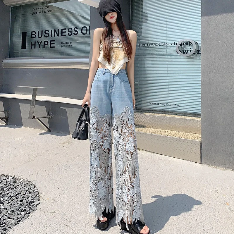 High Waist Wide Leg Pants Lace Splicing Hollow out Denim Drapey Straight Cut Loose Fit Summer New Style Women's Jeans
High Waist Wide Leg Pants Lace Splicing Hollow out Denim Drapey Straight Cut Loose Fit Summer New Style Women's Jeans
