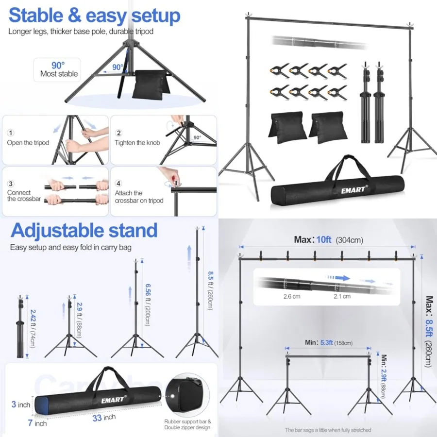 Backdrop Stand WxH Photo Studio Adjustable Background Stand Support Kit with 2 Crossbars, 8 Backdrop Clamps, 2 Sandbags and Car
Backdrop Stand WxH Photo Studio Adjustable Background Stand Support Kit with 2 Crossbars, 8 Backdrop Clamps, 2 Sandbags and Car
