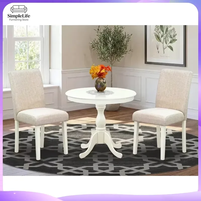 3 Piece Dining Set Round Pedestal Dining Table with 2 Light Beige Linen Fabric Chairs Modern Coffee Table Living Room
3 Piece Dining Set Round Pedestal Dining Table with 2 Light Beige Linen Fabric Chairs Modern Coffee Table Living Room