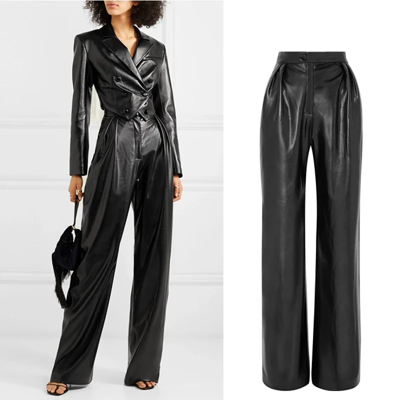 full Can height fit 200cm length pleated leather pants Spring female High Quality was thin wide leg pu leather Pants F839
full Can height fit 200cm length pleated leather pants Spring female High Quality was thin wide leg pu leather Pants F839