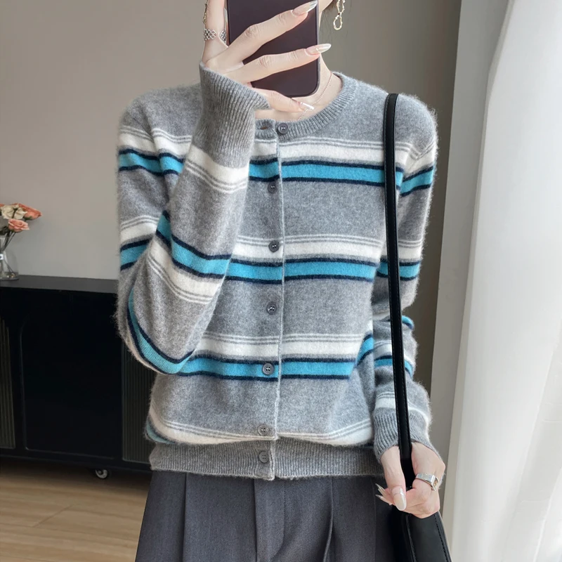 Choice 100% Merino Wool Women Striped Cardigan Spring Autumn Winter Knitted Sweater Casual Round Collar Fashion Tops
Choice 100% Merino Wool Women Striped Cardigan Spring Autumn Winter Knitted Sweater Casual Round Collar Fashion Tops