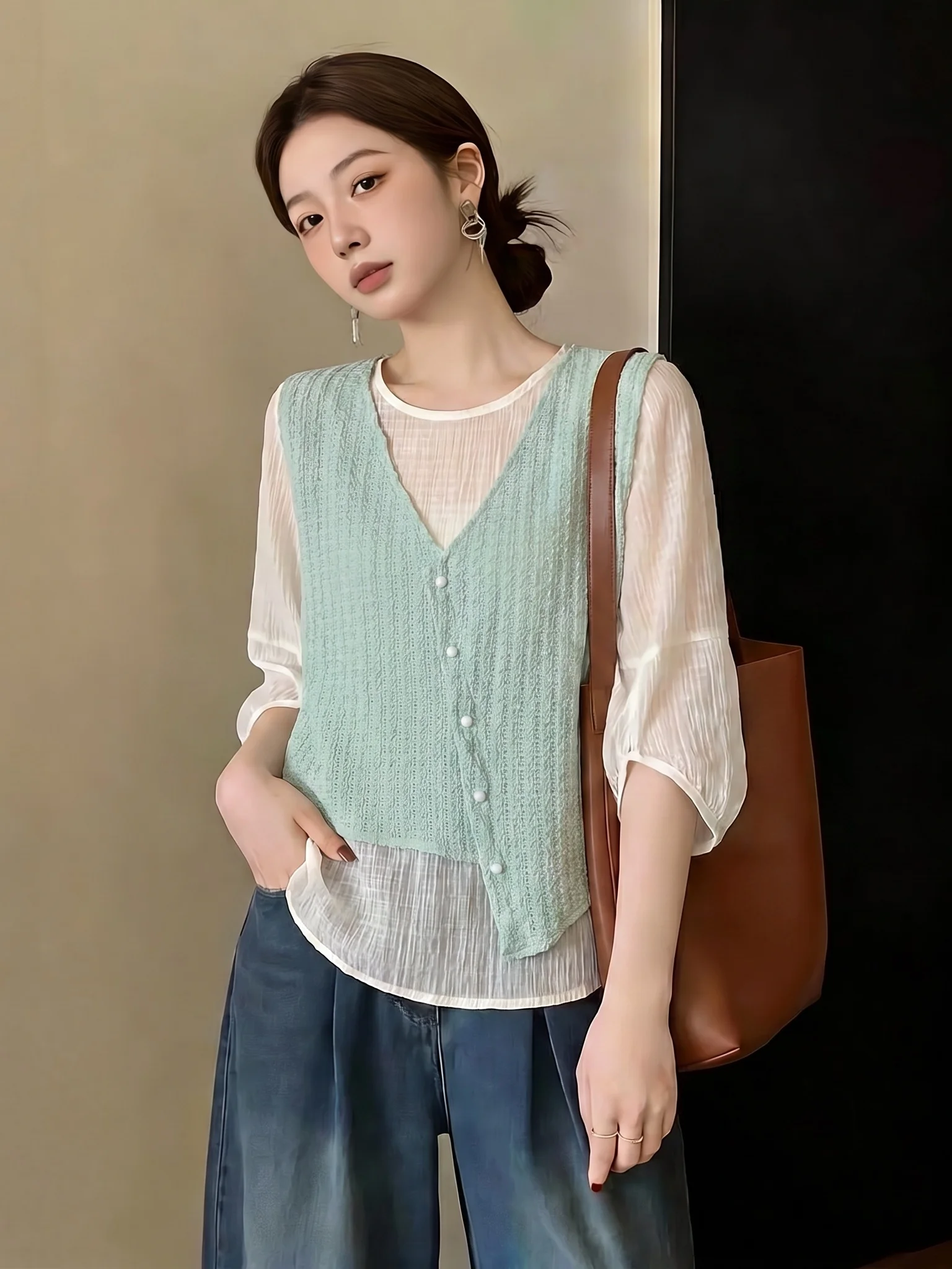 Mint Blue Texture Women's Shirt Short Sleeve Regular Fit Commute Style Summer New plus Size Fake Two-Piece Top
Mint Blue Texture Women's Shirt Short Sleeve Regular Fit Commute Style Summer New plus Size Fake Two-Piece Top
