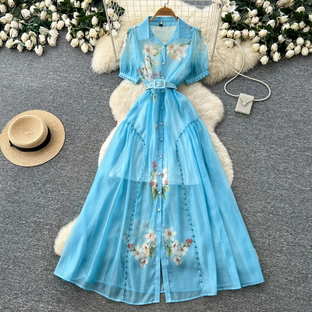 Women Floral Print Shirt Dress Puff Short Sleeve Lapel Collar Belted Maxi Dress Elegant Single Breasted Summer Beach Vacation
Women Floral Print Shirt Dress Puff Short Sleeve Lapel Collar Belted Maxi Dress Elegant Single Breasted Summer Beach Vacation