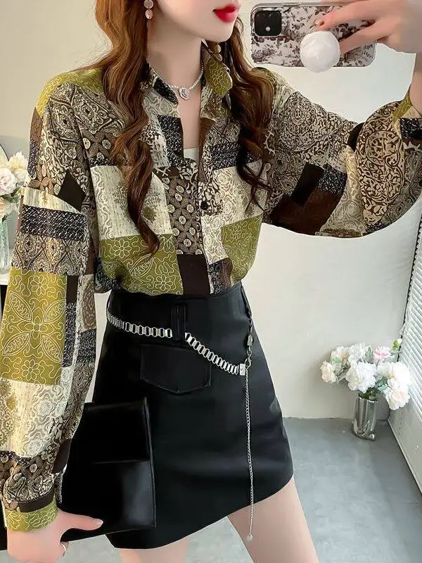 Vintage Ins Print Patchwork Khaki Chiffon Shirt Women Summer Turn-down Collar Color Block Long Sleeve Tops Elegant Beach Outfits
Vintage Ins Print Patchwork Khaki Chiffon Shirt Women Summer Turn-down Collar Color Block Long Sleeve Tops Elegant Beach Outfits