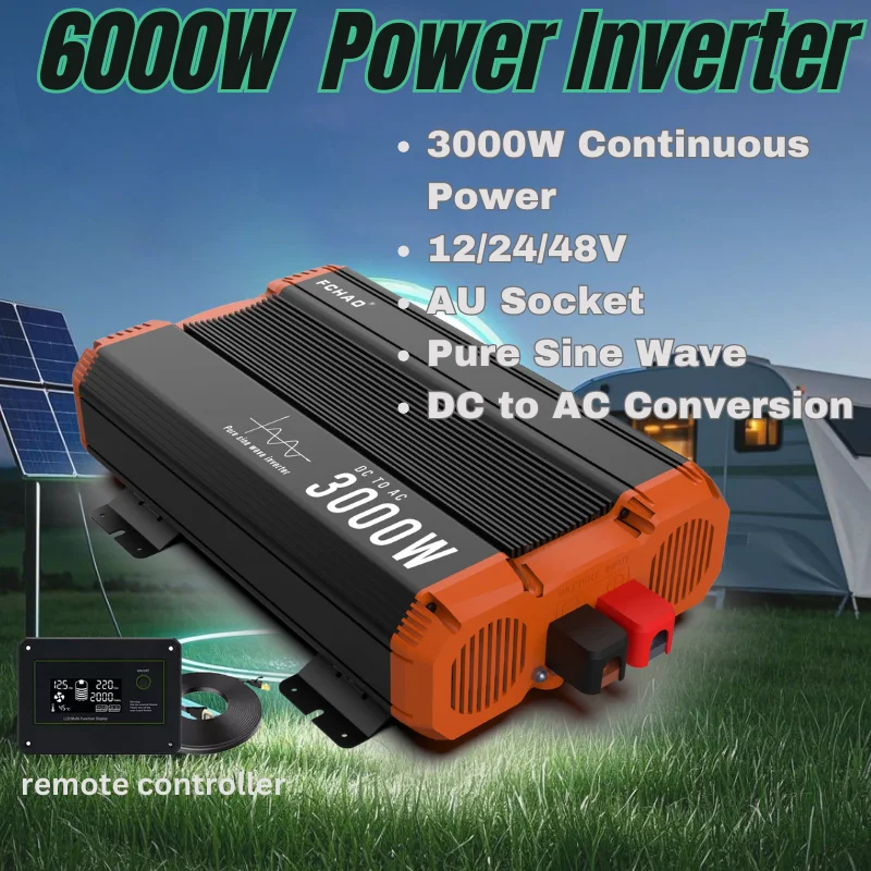 FCHAO 6000W Pure Sine Wave Inverter, 12/24/48V to 220V Converter, AU Socket, LCD Display & Remote Control,for Home, Camping, RV
FCHAO 6000W Pure Sine Wave Inverter, 12/24/48V to 220V Converter, AU Socket, LCD Display & Remote Control,for Home, Camping, RV