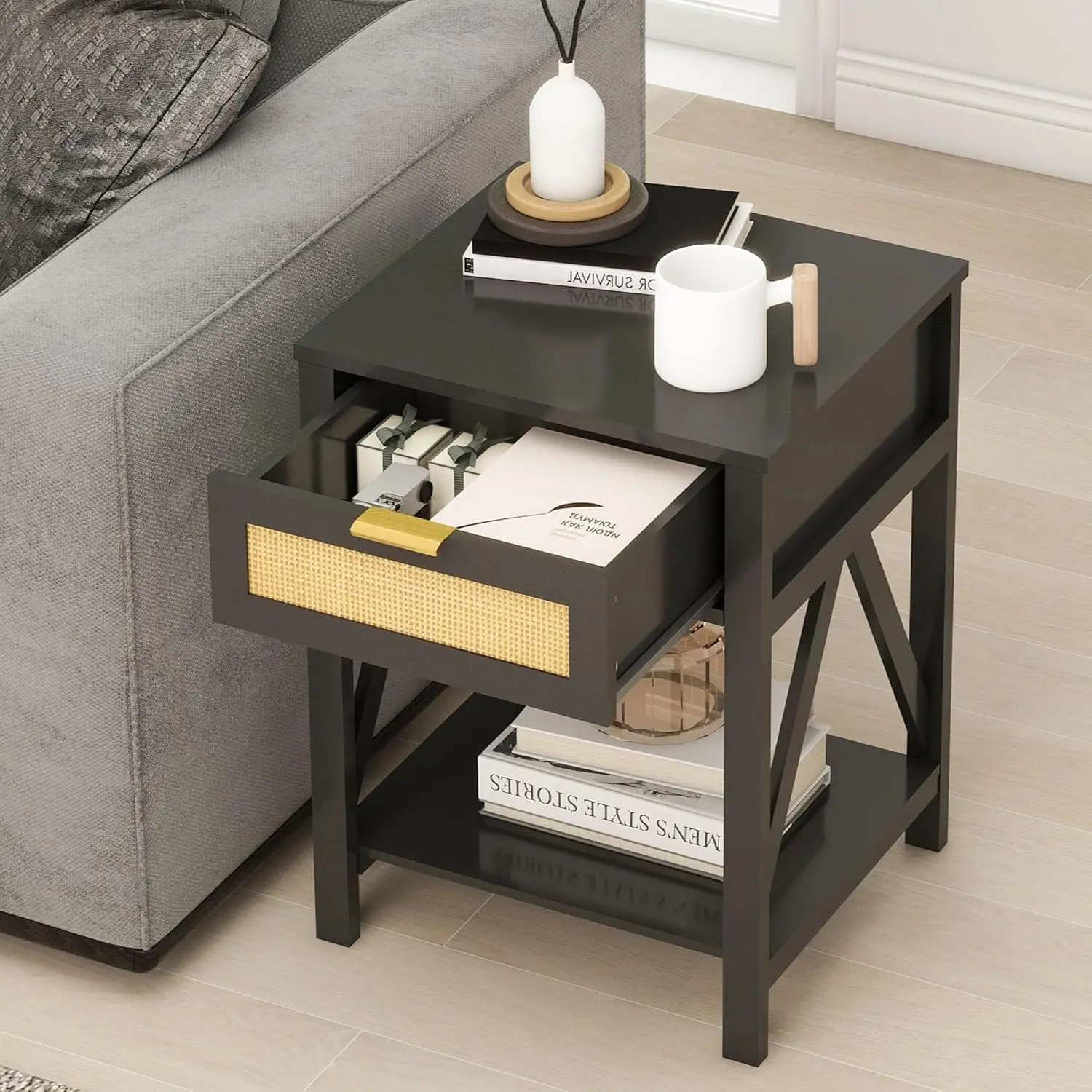 Black Rattan End Table With Storage, Boho Side Table With Rattan Drawer & Wood Open Shelf, 15.7''X17''X23.6'' Nightstand
Black Rattan End Table With Storage, Boho Side Table With Rattan Drawer & Wood Open Shelf, 15.7''X17''X23.6'' Nightstand