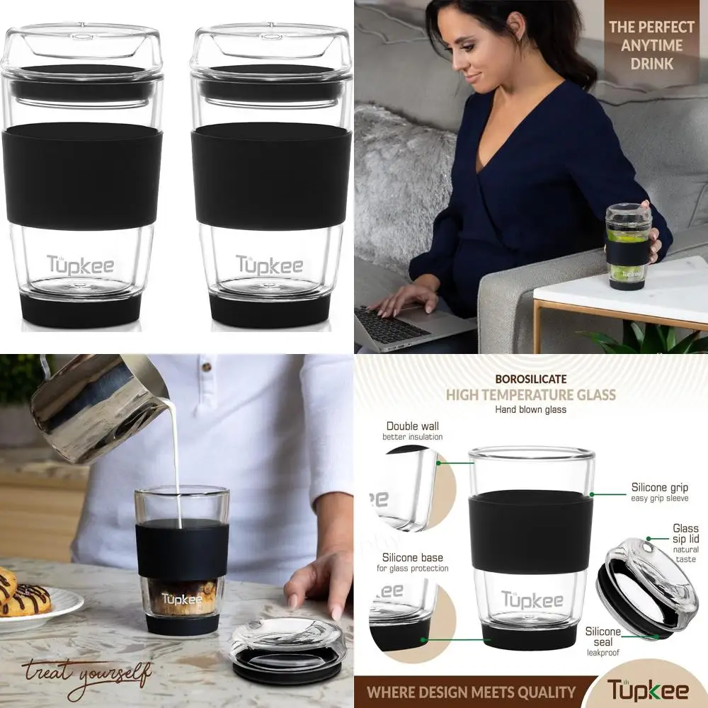 8-Ounce Double Wall Glass Tumbler, Reusable Insulated Travel Mug for Tea/Coffee with Lid - Black, 2-Pack
8-Ounce Double Wall Glass Tumbler, Reusable Insulated Travel Mug for Tea/Coffee with Lid - Black, 2-Pack