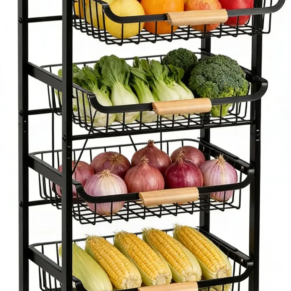 5-Shelf Rolling Kitchen Cart with Wooden Top and Metal Basket for Fruits, Vegetables, and Snacks, Black
5-Shelf Rolling Kitchen Cart with Wooden Top and Metal Basket for Fruits, Vegetables, and Snacks, Black