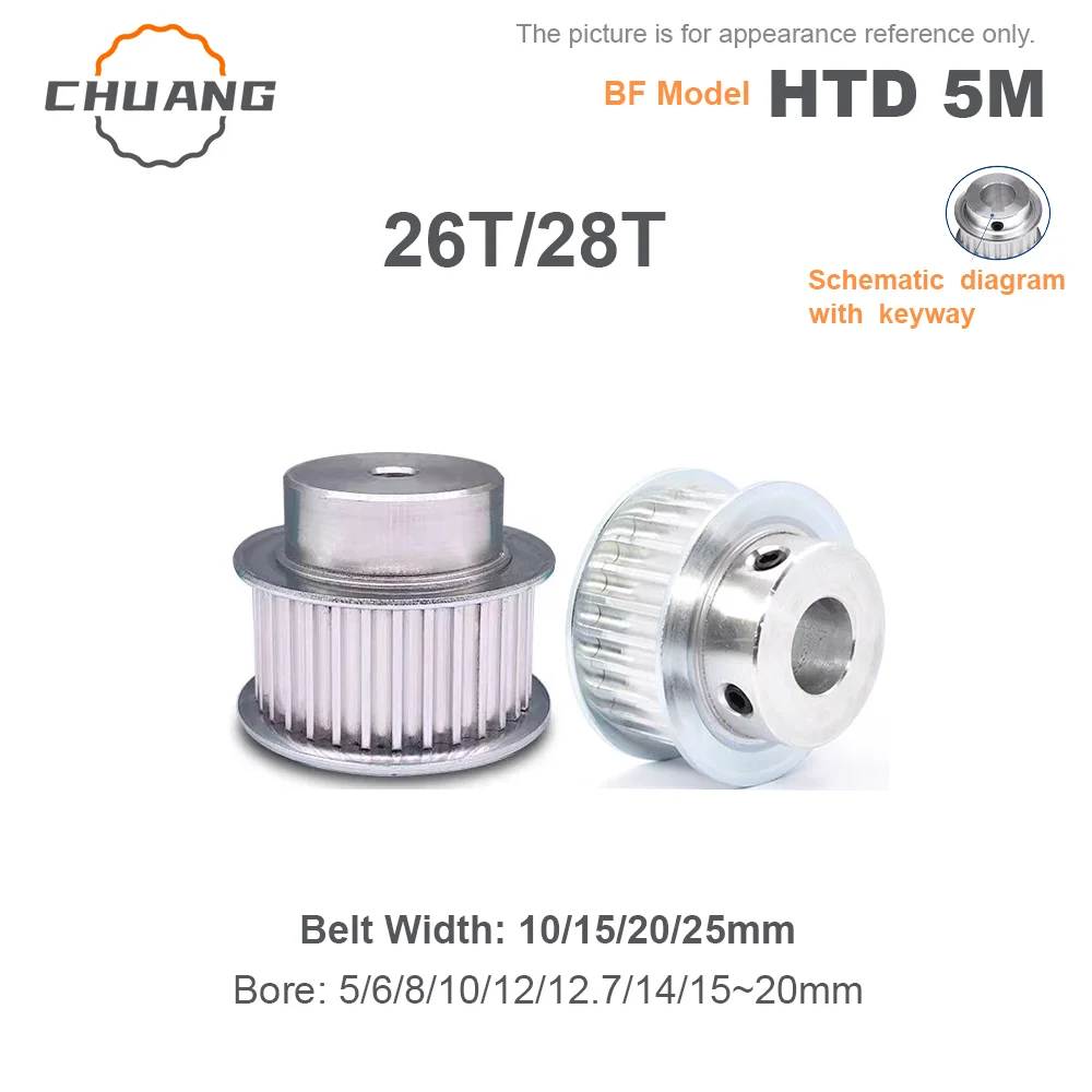 HTD 5M Synchronous Pulley 26T/28Teeth Bore 5/6/8/10/12/15~20mm Belt Width 10/15/20/25mm BF Type HTD5M Timing Belt Wheel
HTD 5M Synchronous Pulley 26T/28Teeth Bore 5/6/8/10/12/15~20mm Belt Width 10/15/20/25mm BF Type HTD5M Timing Belt Wheel