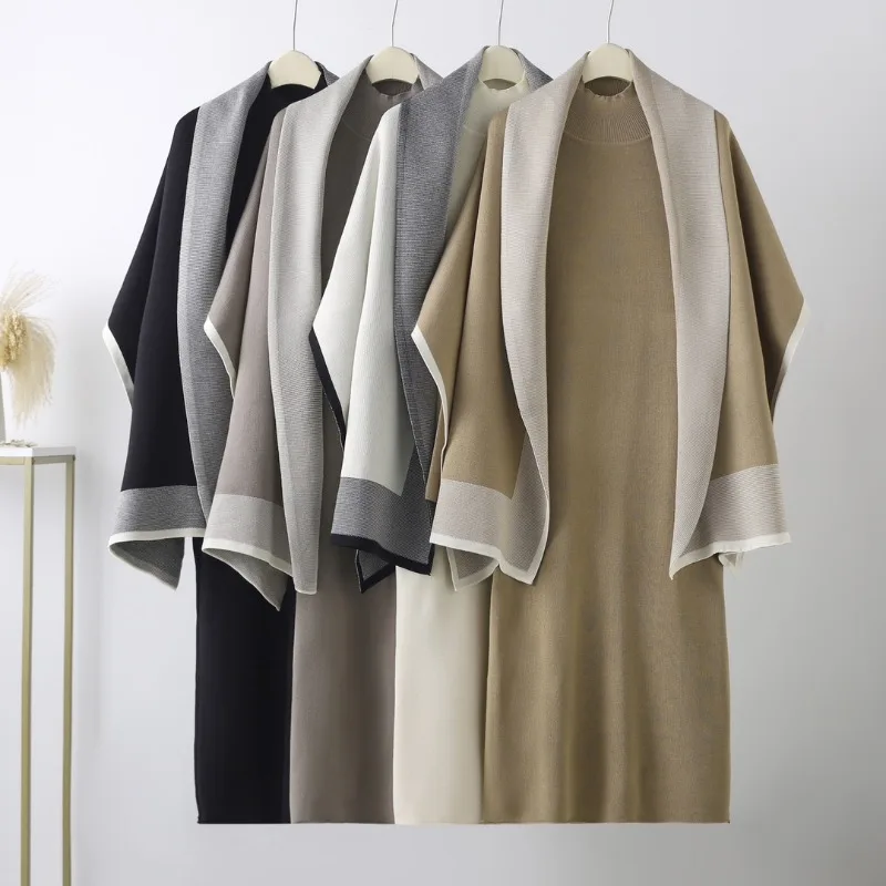 Fashion Knitted Dress Suit Autumn Elegant Cloak Color-block Large Shawl Solid Color Dress Women 2 Piece Sets Womens Outfits
Fashion Knitted Dress Suit Autumn Elegant Cloak Color-block Large Shawl Solid Color Dress Women 2 Piece Sets Womens Outfits