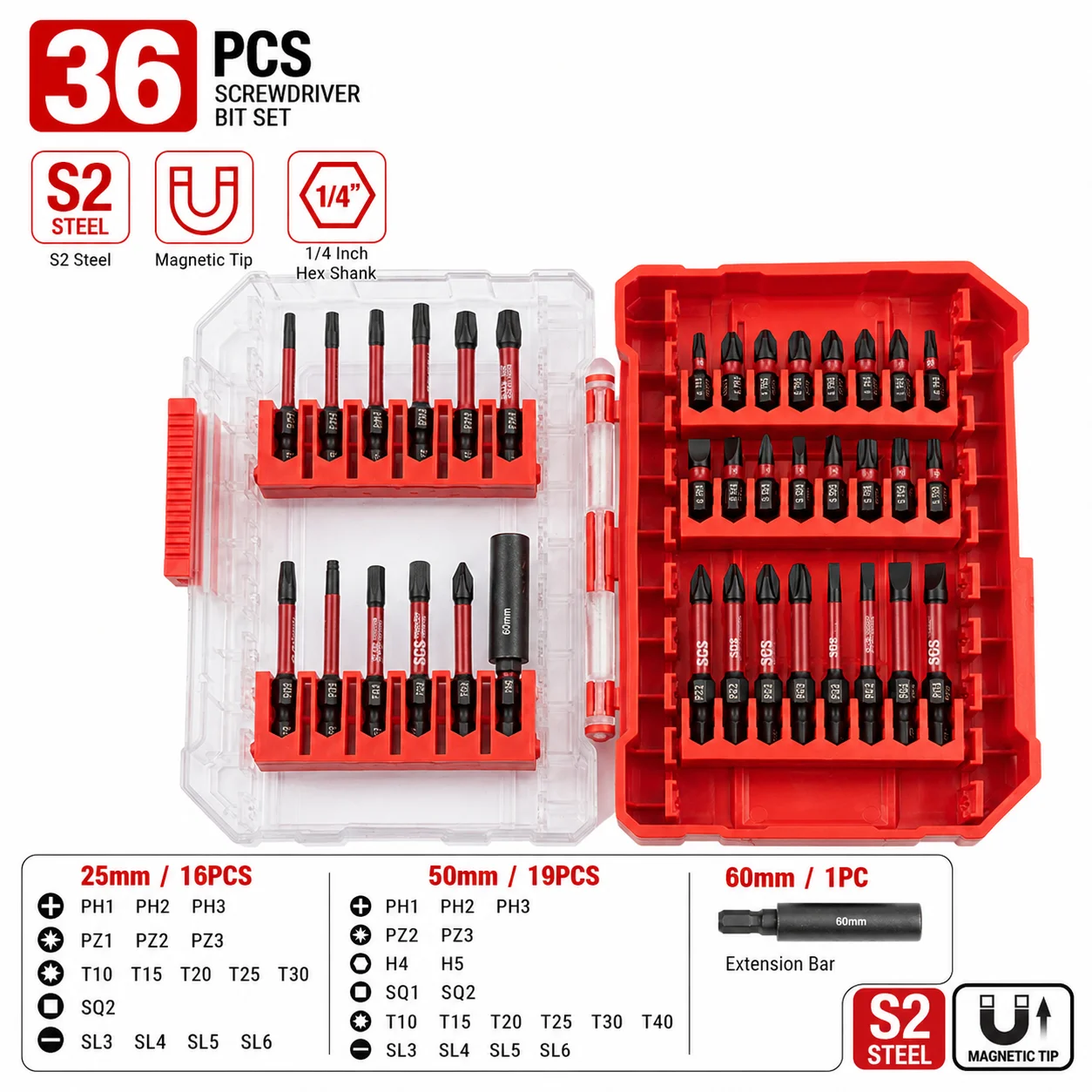 Multifunctional 36-Piece Strong Magnetic Screwdriver Bit Set S2 Steel Wear-Resistant and Impact-Resistant Electric Drill Bit Combination Ph/Pz/Torx/Hex/Sq/Sl Full Range of Specifications Including 60mm Extension Rod
Multifunctional 36-Piece Strong Magnetic Screwdriver Bit Set S2 Steel Wear-Resistant and Impact-Resistant Electric Drill Bit Combination Ph/Pz/Torx/Hex/Sq/Sl Full Range of Specifications Including 60mm Extension Rod