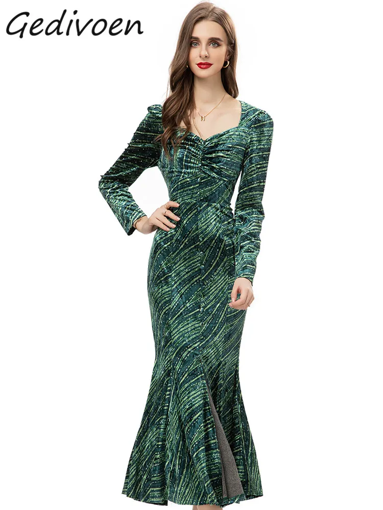 Gedivoen Autumn Fashion Designer Vintage Print Mermaid Dress Women's Square Collar Diamond Package Buttocks Slit Slim Long Dress
Gedivoen Autumn Fashion Designer Vintage Print Mermaid Dress Women's Square Collar Diamond Package Buttocks Slit Slim Long Dress