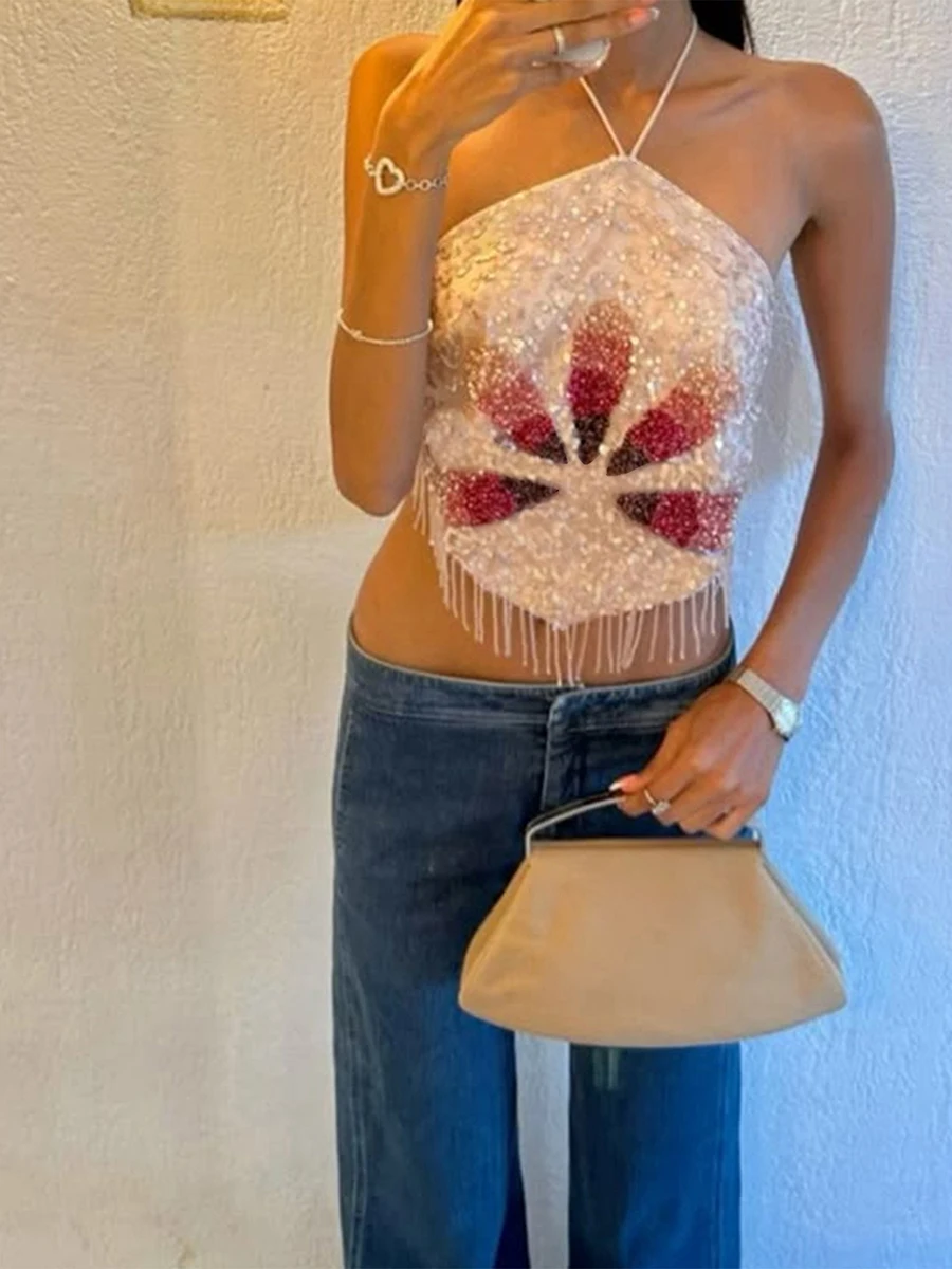 Luxury Sparkly Women Halter Top, Tie-up Sleeveless Tops Backless Sequined Contrast Color Tassels Summer Vest for Club Party
Luxury Sparkly Women Halter Top, Tie-up Sleeveless Tops Backless Sequined Contrast Color Tassels Summer Vest for Club Party