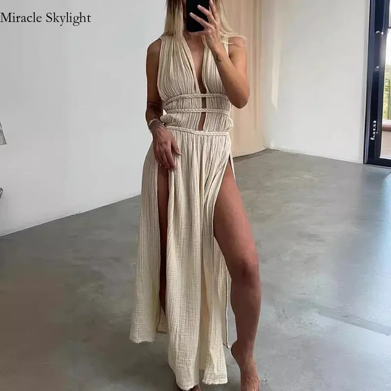 Boho Solid Cotton Blend Dresses Women Spring Hollow Braided Waistband High Split Long Summer Sleeveless Beach Kaftan Dress
Boho Solid Cotton Blend Dresses Women Spring Hollow Braided Waistband High Split Long Summer Sleeveless Beach Kaftan Dress