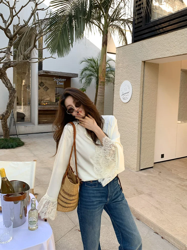 Dragon Joy White Lace Trim Bell Sve irt Women's Autumn High End Sensation Vinegar Acetate Top Z240 French Sle Loose Fit
Dragon Joy White Lace Trim Bell Sve irt Women's Autumn High End Sensation Vinegar Acetate Top Z240 French Sle Loose Fit