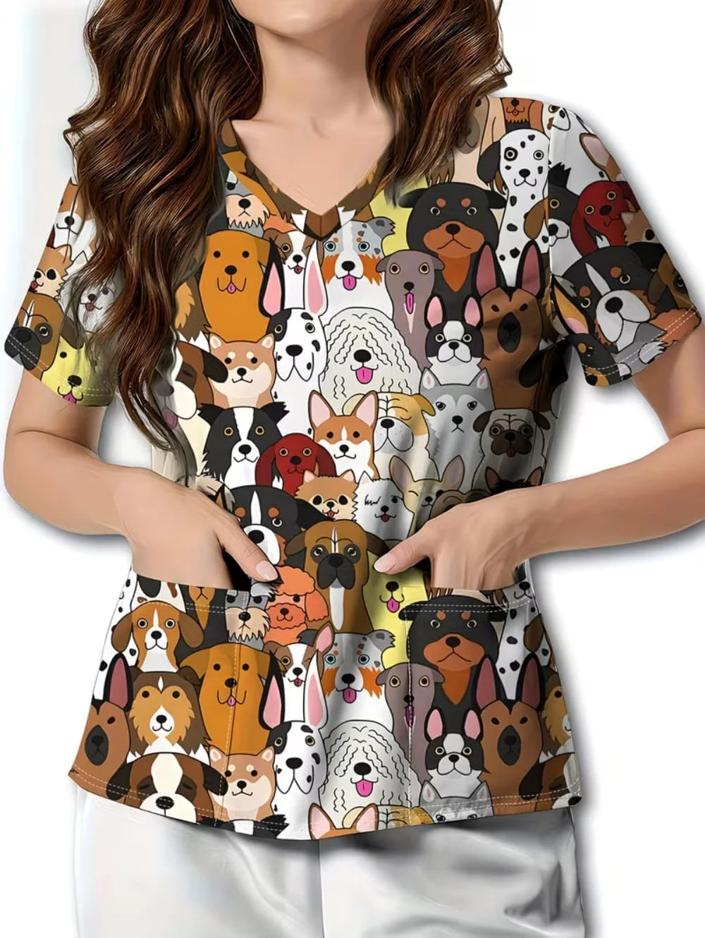 Clinical Uniform Woman Cute Dog Pattern Print Fashion V-Neck T-Shirt Vibrant Pockets Summer Comfortable Vet Nurse Uniform Woman
Clinical Uniform Woman Cute Dog Pattern Print Fashion V-Neck T-Shirt Vibrant Pockets Summer Comfortable Vet Nurse Uniform Woman