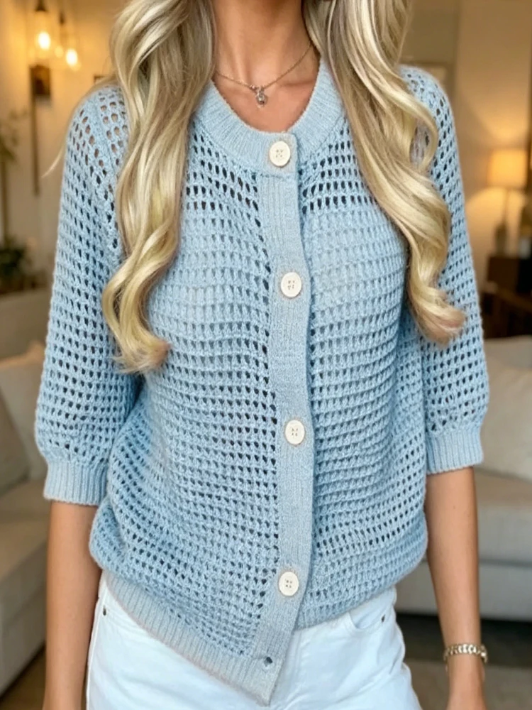 Fashion Hollow Out See Through Knitted Shirt Women's Solid Color Knitted Tops Summer Casual O-neck Short Sleeve Cardigan
Fashion Hollow Out See Through Knitted Shirt Women's Solid Color Knitted Tops Summer Casual O-neck Short Sleeve Cardigan