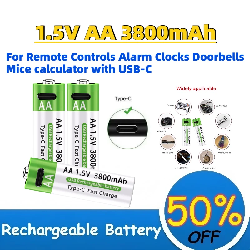 In Stock 1.5V AA 3800mAh Rechargeable Li-ion Battery for Remote Controls Alarm Clocks Doorbells Mice calculator with USB-C
In Stock 1.5V AA 3800mAh Rechargeable Li-ion Battery for Remote Controls Alarm Clocks Doorbells Mice calculator with USB-C