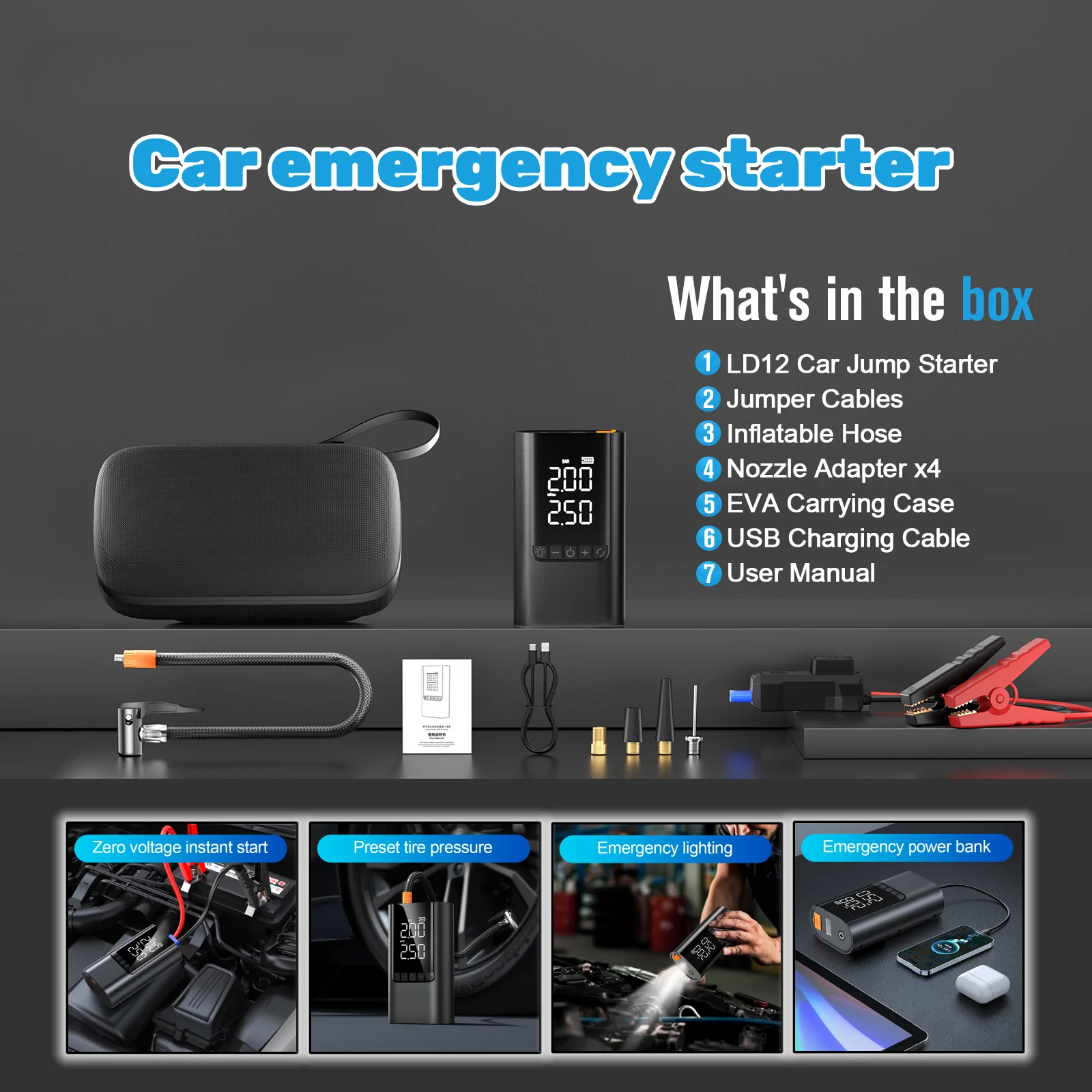 Car Battery Jump Starter & Tire Inflator 4-in-1, Portable Air Compressor with Power Bank for Camping, Travel, Emergency
Car Battery Jump Starter & Tire Inflator 4-in-1, Portable Air Compressor with Power Bank for Camping, Travel, Emergency