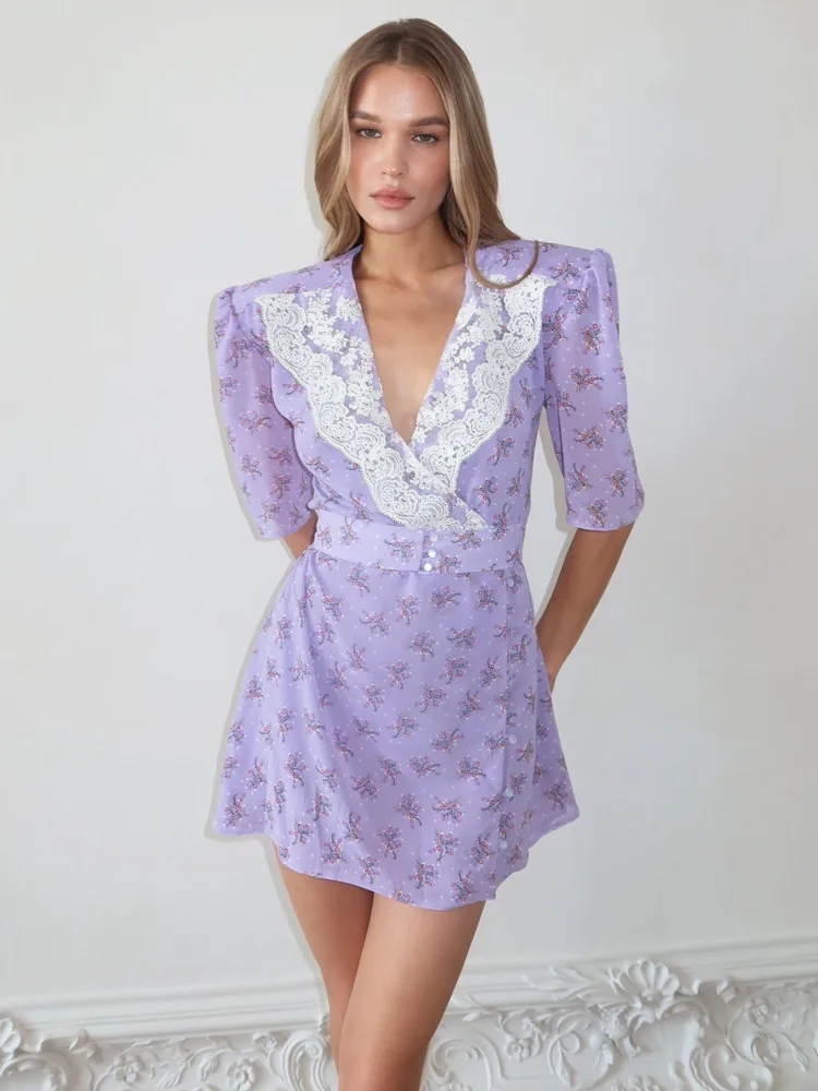 Blifanbo Elegant Lace Side Print V-neck Mini Dress Women Half Sleeve Sexy Fashion Slim Patchwork Purple Birthday Dress Vestido
Blifanbo Elegant Lace Side Print V-neck Mini Dress Women Half Sleeve Sexy Fashion Slim Patchwork Purple Birthday Dress Vestido