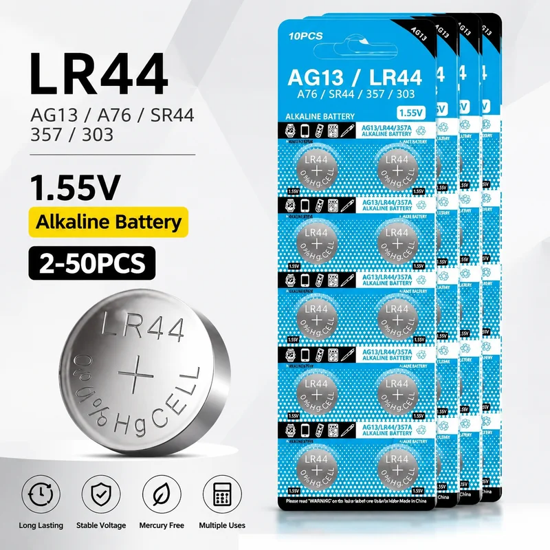 AG13 LR44 A76 357 357A LR1154 SR1154 SR44 1.55V Alkaline Button Coin Cell Battery for Watch Calculator Car Key Remote Clock
AG13 LR44 A76 357 357A LR1154 SR1154 SR44 1.55V Alkaline Button Coin Cell Battery for Watch Calculator Car Key Remote Clock