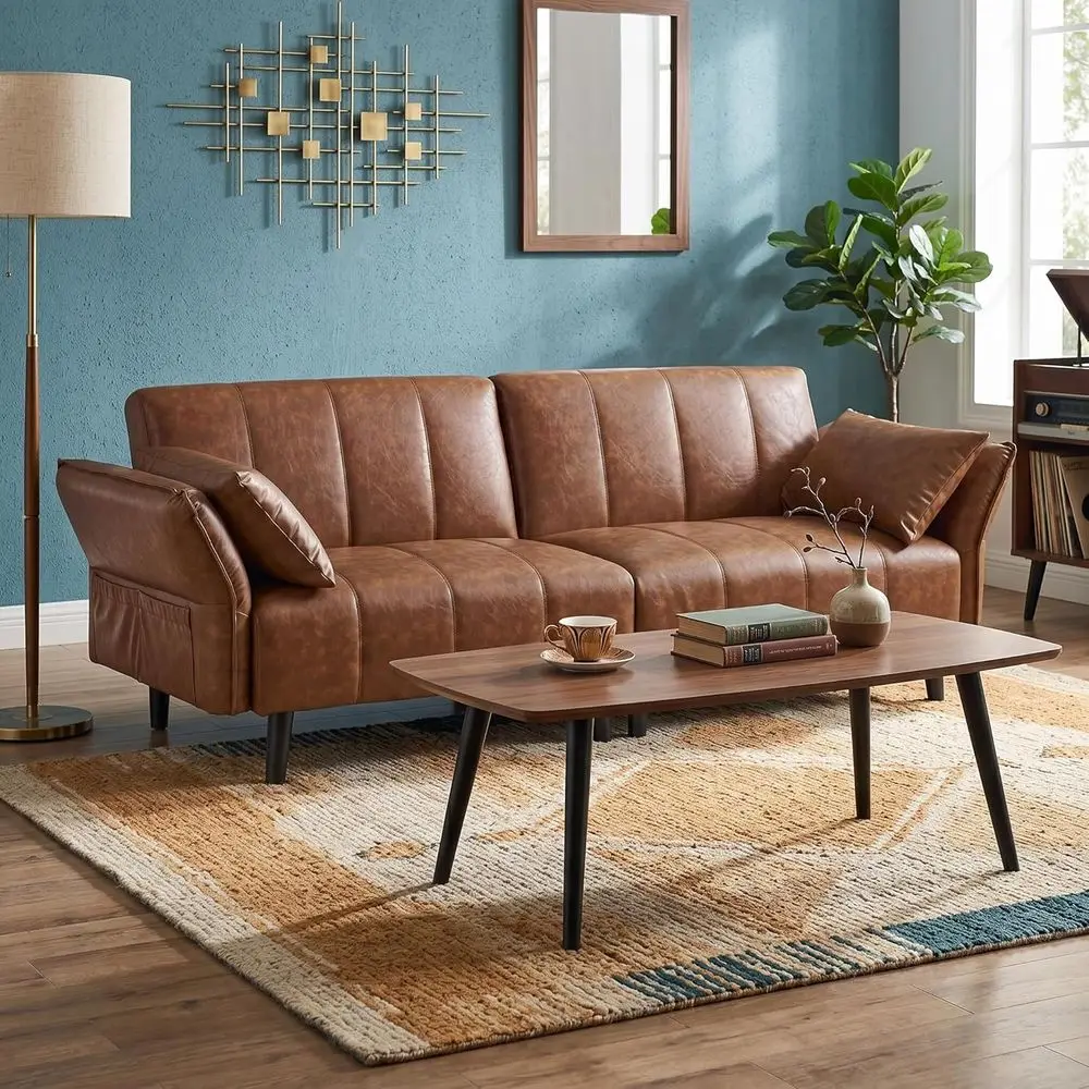 Convertible Leather Sofa Bed with Adjustable Backrest and Armrest, 2 Pillows, Wooden & Steel Frame, Space-Saving, Brown for Livi
Convertible Leather Sofa Bed with Adjustable Backrest and Armrest, 2 Pillows, Wooden & Steel Frame, Space-Saving, Brown for Livi