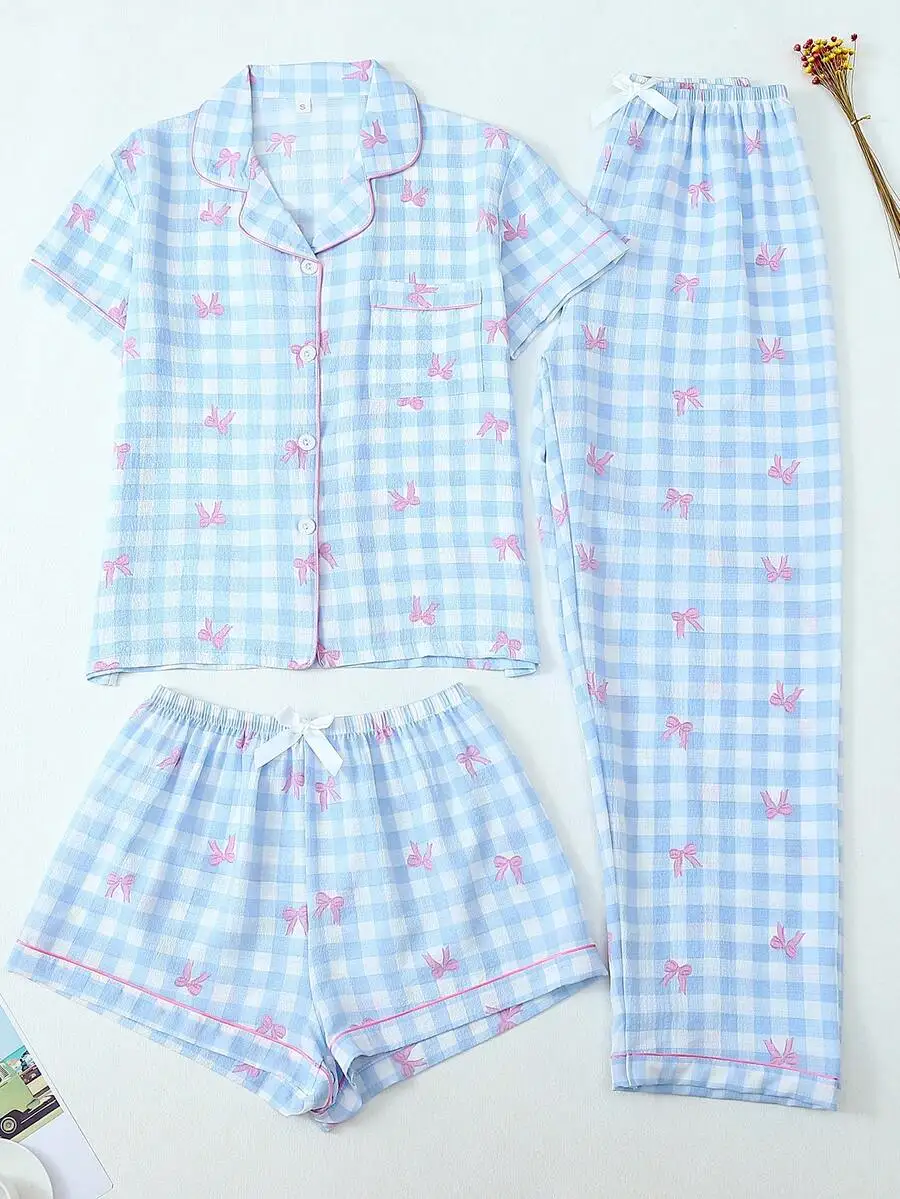 3pcs/Set Women's Blue & White Plaid Bow Decor Single Breasted Collar Short Sleeve Top And Shorts Spring/Summer Pajama Set, Suita
3pcs/Set Women's Blue & White Plaid Bow Decor Single Breasted Collar Short Sleeve Top And Shorts Spring/Summer Pajama Set, Suita