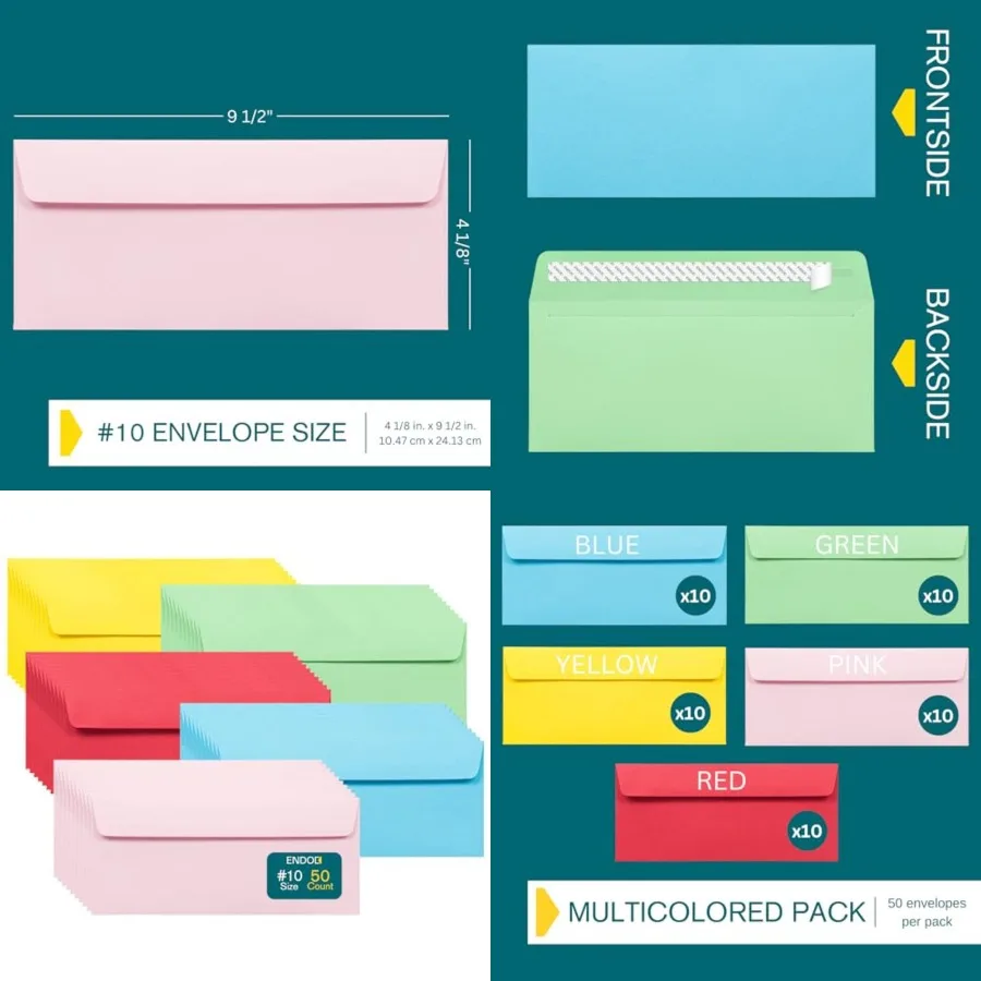 10 Multicolor Envelopes Self Seal, 50/pack, Colored Envelopes Letter Size 4 1/8 x 9 1/2 inch, Business Envelopes for Cards, Inv
10 Multicolor Envelopes Self Seal, 50/pack, Colored Envelopes Letter Size 4 1/8 x 9 1/2 inch, Business Envelopes for Cards, Inv