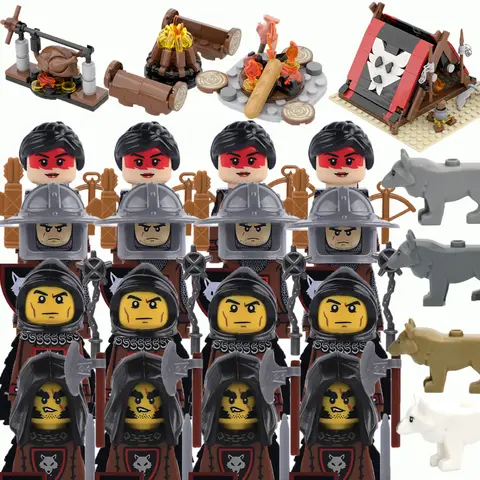 Blocs de construction Wolf Knight Warrior – Jouet de soldat chevalier du château médiéval avec épée, hache, arc, bouclier et cape pour garçons