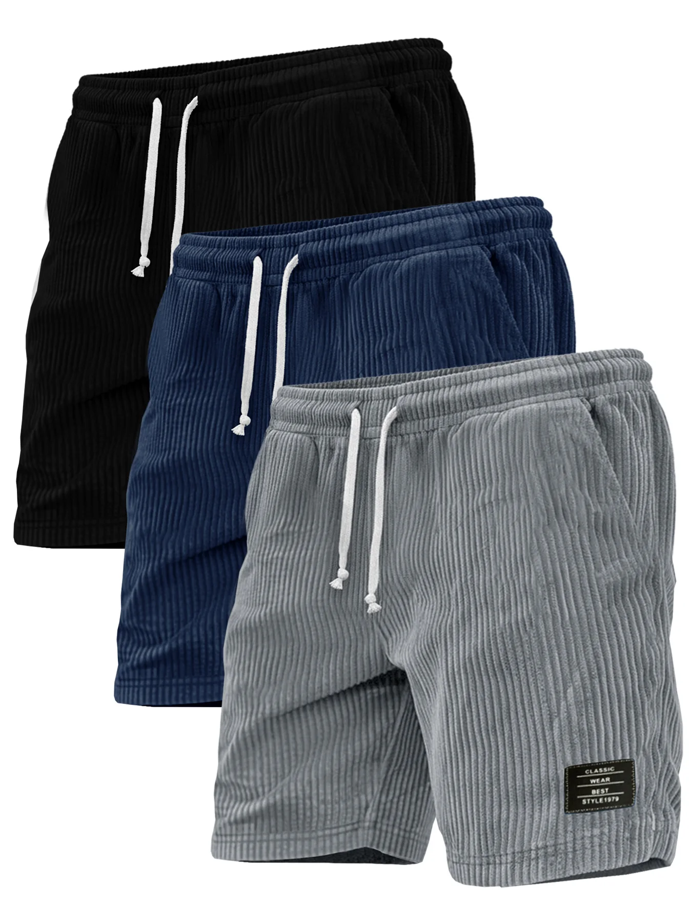 3-piece set of thick striped black label men's corduroy casual shorts, summer retro logo lace up loose sports five quarter pants, multi pocket training pants.
3-piece set of thick striped black label men's corduroy casual shorts, summer retro logo lace up loose sports five quarter pants, multi pocket training pants.
