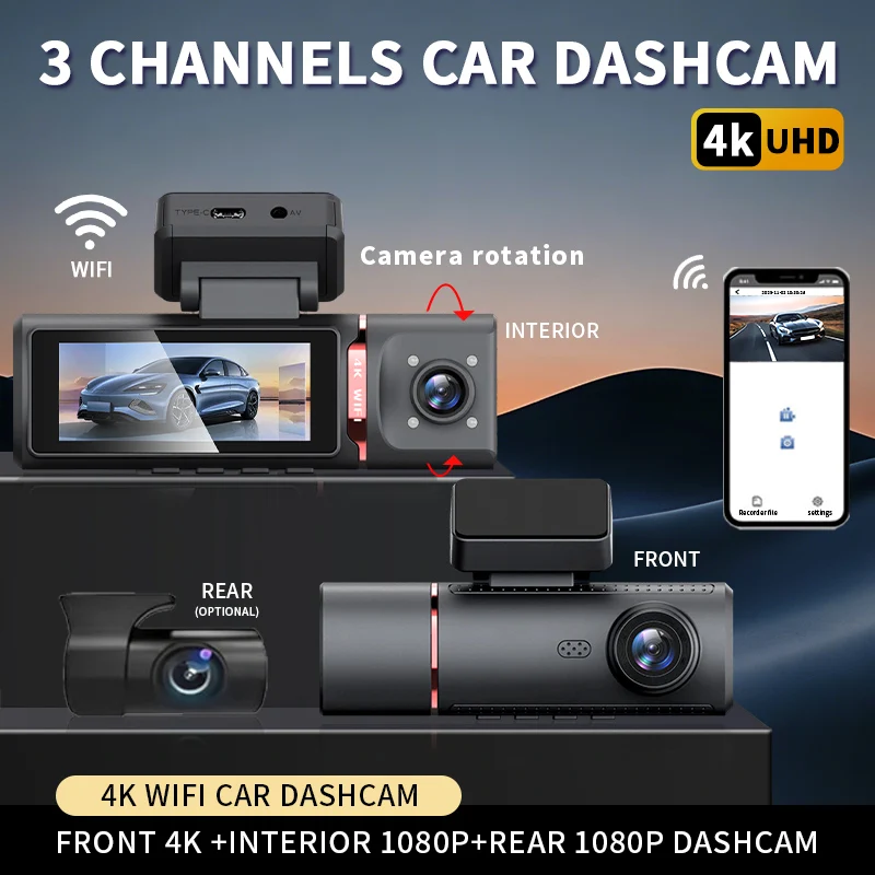 Triple Lens 4K Dash Cam for Cars 3 Channel Front 4K Interior 1080P Rear 1080P WiFi DVR with F1.6 Aperture Night Vision
Triple Lens 4K Dash Cam for Cars 3 Channel Front 4K Interior 1080P Rear 1080P WiFi DVR with F1.6 Aperture Night Vision