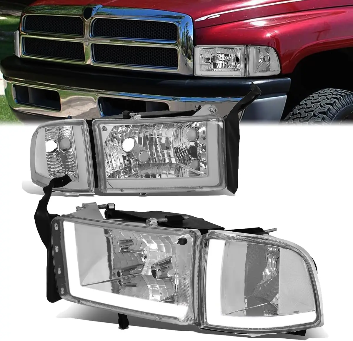 Светодиодные фары DRL в сборе с указателями поворота, совместимые с 94-02 Dodge Ram 1500 2500 3500 — хромированный корпус с прозрачным углом
Светодиодные фары DRL в сборе с указателями поворота, совместимые с 94-02 Dodge Ram 1500 2500 3500 — хромированный корпус с прозрачным углом