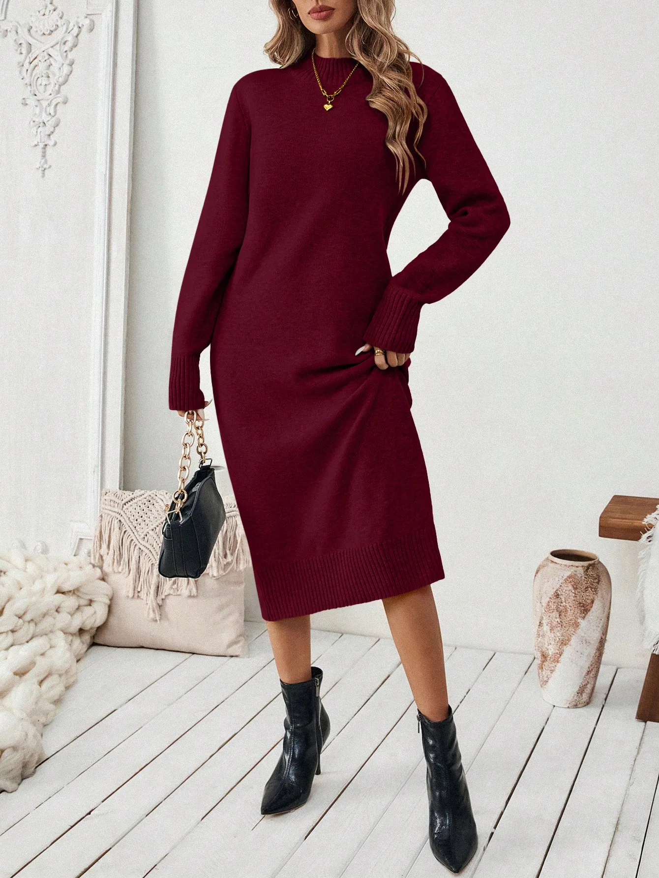Women's Burgundy Knit Midi Sweater Dress with High Neck and Ribbed Cuffs
Women's Burgundy Knit Midi Sweater Dress with High Neck and Ribbed Cuffs