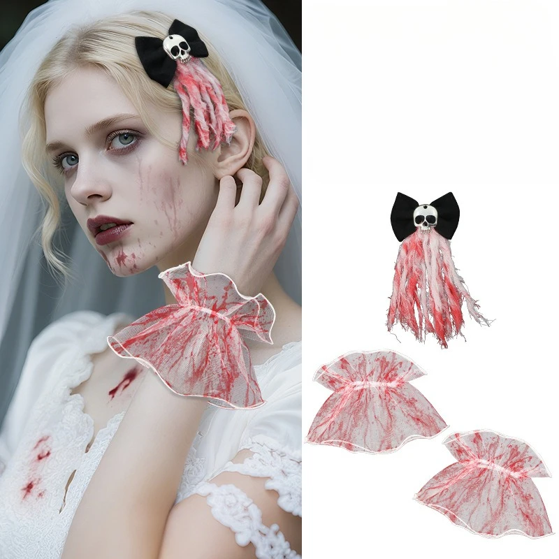 Halloween Hair Accessory Vintage Rose Gothic Dark Lace Bracelet Ghost Bride Set Skull Bow Hairpins Lace Fingerless Gloves Set
Halloween Hair Accessory Vintage Rose Gothic Dark Lace Bracelet Ghost Bride Set Skull Bow Hairpins Lace Fingerless Gloves Set