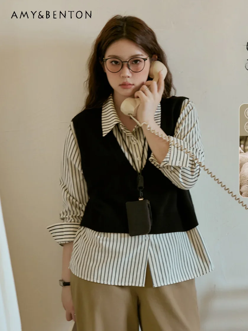 Large Size Fashion Temperament Fake Two-piece Striped Splicing Color Shirt Women Commuter Style Fashion Loose Shirts Autumn
Large Size Fashion Temperament Fake Two-piece Striped Splicing Color Shirt Women Commuter Style Fashion Loose Shirts Autumn