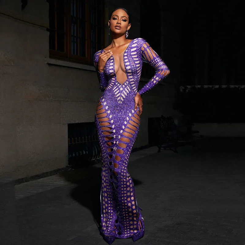 Women Sexy Hole Tight Maxi Dress Purple Crystal Printed Long Dress Singer Nightclub Party Stage Performance Costume
Women Sexy Hole Tight Maxi Dress Purple Crystal Printed Long Dress Singer Nightclub Party Stage Performance Costume