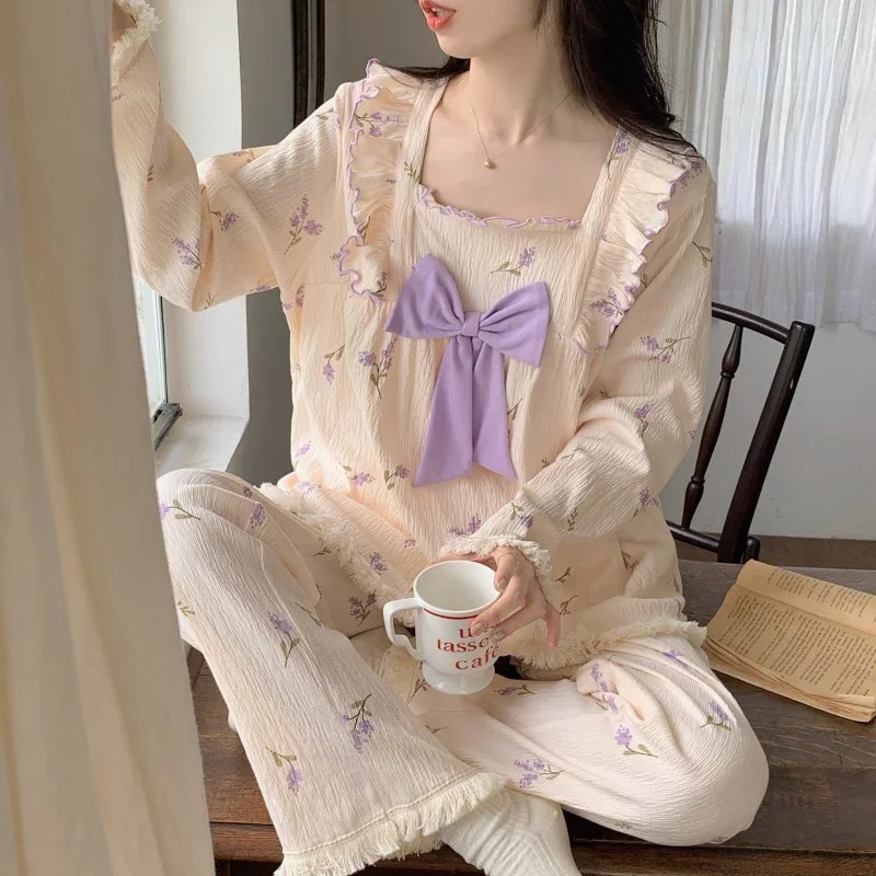 2025 New Spring Long Sleeve 100% Cotton Print Pajama Sets for Women Korean Cute Bow Sleepwear Homewear Pijama Mujer Home Clothes
2025 New Spring Long Sleeve 100% Cotton Print Pajama Sets for Women Korean Cute Bow Sleepwear Homewear Pijama Mujer Home Clothes