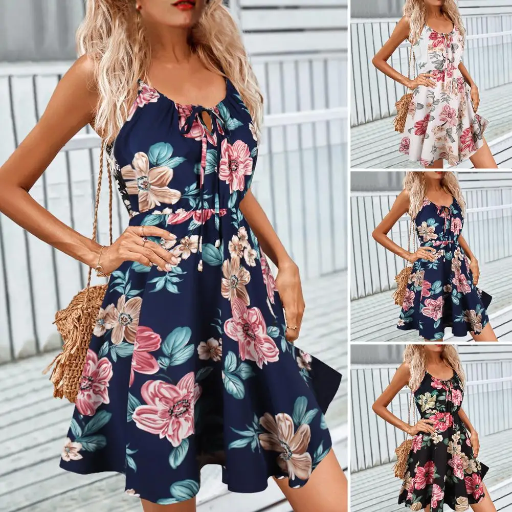 Women Dress Boat Neck with Lace Up Elastic Tight Waist Sexy Sleeveless Streetwear Floral Print Summer Casual Sling Mini Dress
Women Dress Boat Neck with Lace Up Elastic Tight Waist Sexy Sleeveless Streetwear Floral Print Summer Casual Sling Mini Dress