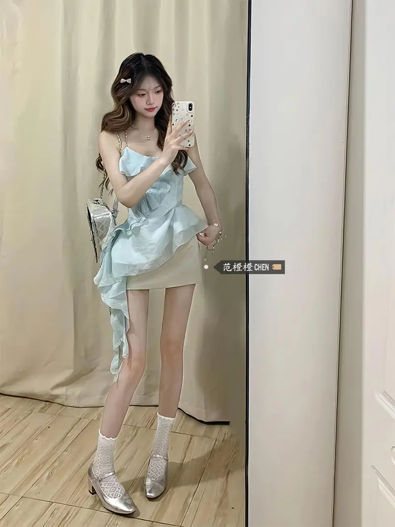 Two Piece Sets Womens Outifits Summer New High-end Designed Irregular Ruffled Suspender Vest Short Top and High Waist Slim Skirt
Two Piece Sets Womens Outifits Summer New High-end Designed Irregular Ruffled Suspender Vest Short Top and High Waist Slim Skirt