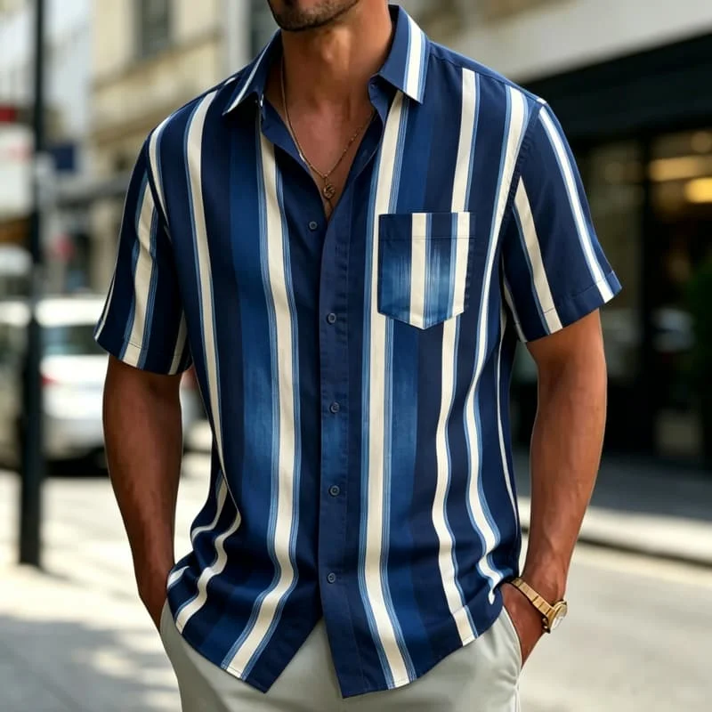 Men's vertical striped printed short sleeved shirt with pockets, simple design style, suitable for casual street wear in summer
Men's vertical striped printed short sleeved shirt with pockets, simple design style, suitable for casual street wear in summer
