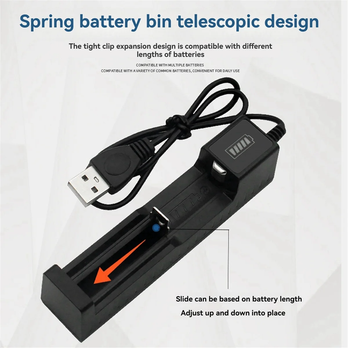 QA88X 2 шт. 18650 Зарядное устройство USB с одним слотом Универсальное зарядное устройство с скользящей конструкцией для перезаряжаемых литиевых батарей
QA88X 2 шт. 18650 Зарядное устройство USB с одним слотом Универсальное зарядное устройство с скользящей конструкцией для перезаряжаемых литиевых батарей