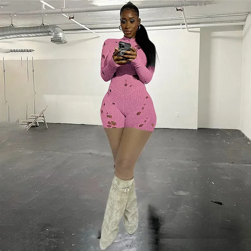 Solid Hole Knit Playsuits Women Sexy Hollow Out Back Lace Up Turtleneck Long Sleeve Stretch Shorts Jumpsuit Streetwear Rompers
Solid Hole Knit Playsuits Women Sexy Hollow Out Back Lace Up Turtleneck Long Sleeve Stretch Shorts Jumpsuit Streetwear Rompers