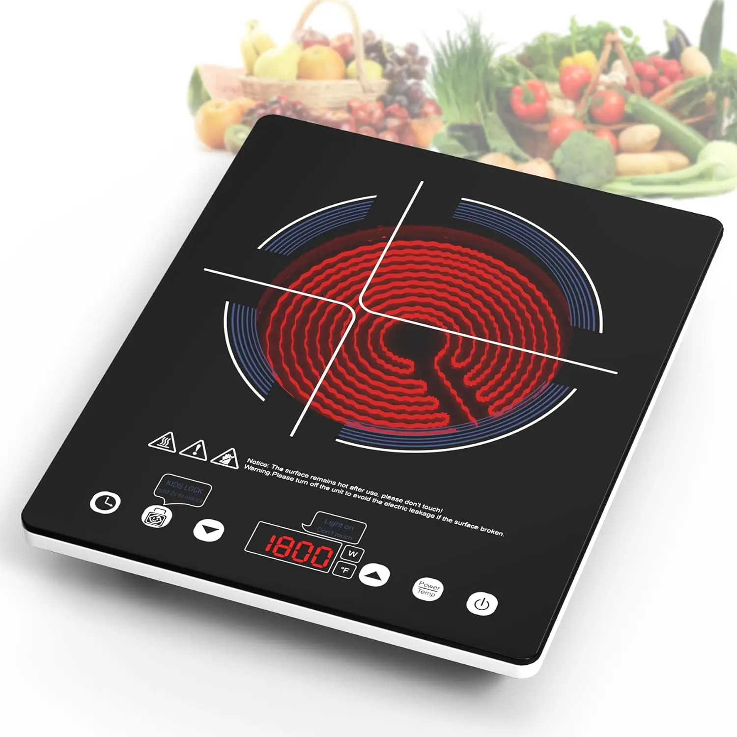 Electric Cooktop Single Burner 1800W Touch Control 9 Power Levels Safety Lock Timer Overheat Protection 110V
Electric Cooktop Single Burner 1800W Touch Control 9 Power Levels Safety Lock Timer Overheat Protection 110V