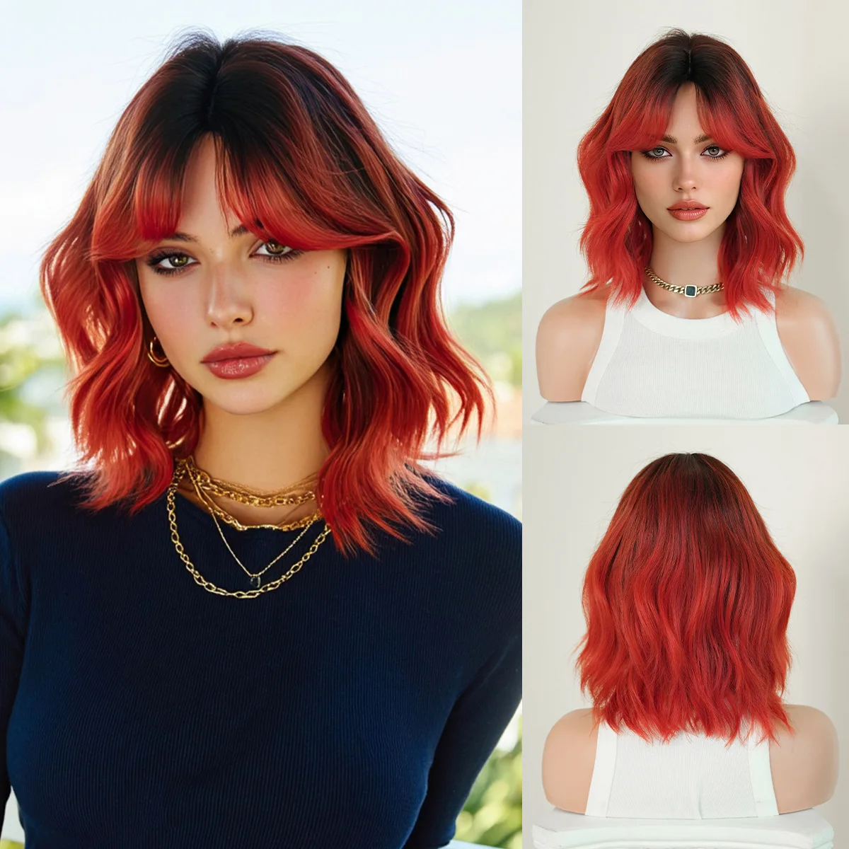 Dark Root Red Bob Wig Curtain Fringe Loose Wavy Synthetic Hairpiece Ombre Red Short Wig Halloween Cosplay Club Daily Wear Wig
Dark Root Red Bob Wig Curtain Fringe Loose Wavy Synthetic Hairpiece Ombre Red Short Wig Halloween Cosplay Club Daily Wear Wig