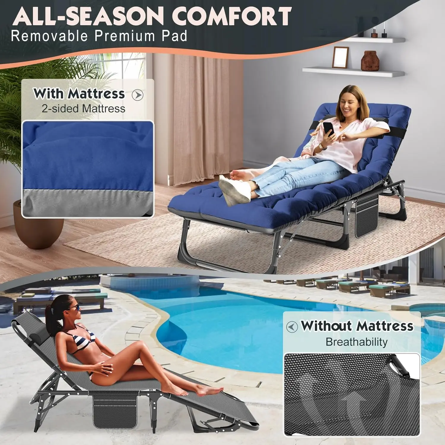 5-Position Folding Cot, Portable Outdoor Folding Chaise Lounge Chair for Sun Tanning, Perfect for Pool, Beach, Patio Sunbathing
5-Position Folding Cot, Portable Outdoor Folding Chaise Lounge Chair for Sun Tanning, Perfect for Pool, Beach, Patio Sunbathing